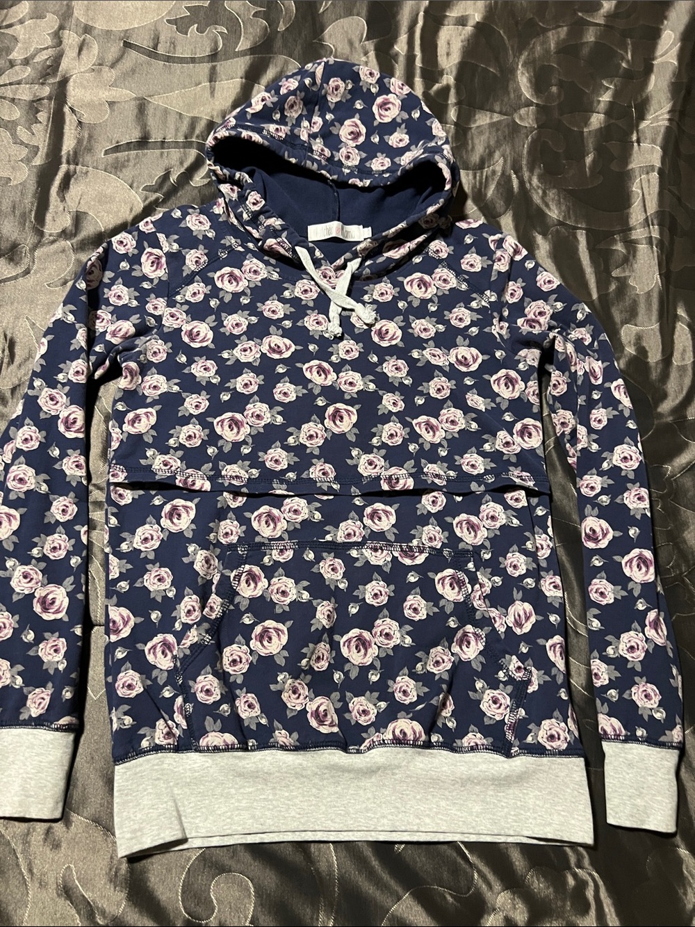 Latched Mama Navy Nursing Hoodie Pullover Rose Floral Print Kangaroo Pouch XS